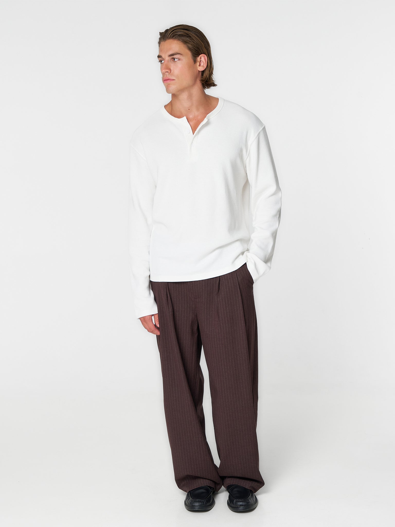 Waffle Henley L/S White