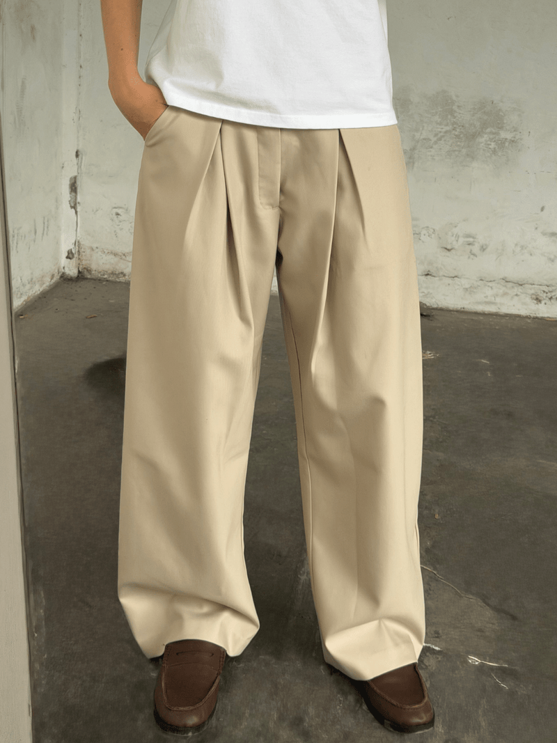 Korean Pleated Suit Pants Beige - ATTODE