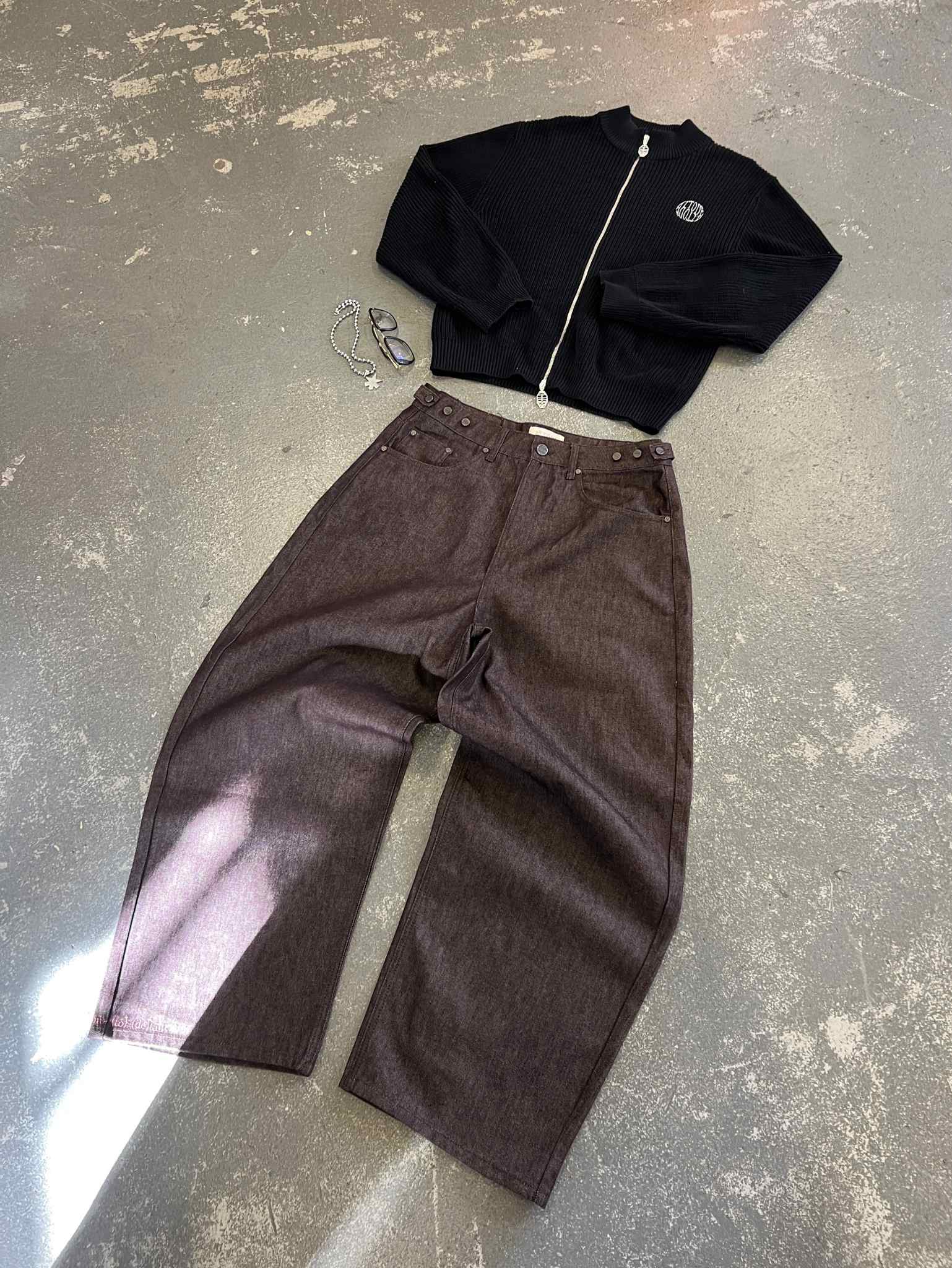 Wide Leg Raw Denim Jeans Mahogany Brown - ATTODE