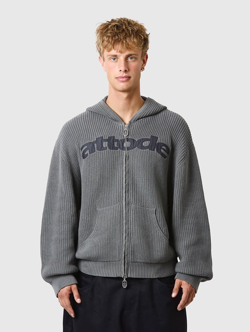 Zip Knit Hoodie – Dark Gray Ribbed Zip Hoodie from ATTODE